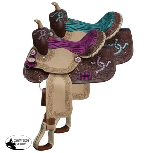 13" Double T  Barrel style saddle with hair on zebra print seat and accents