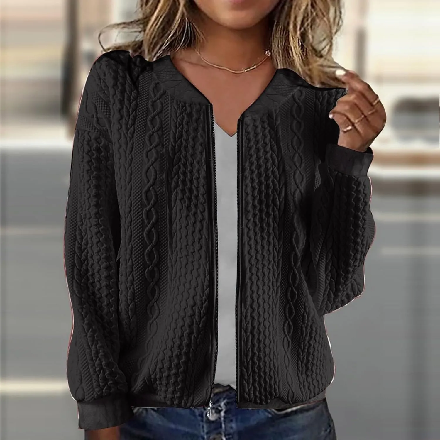 2024 Womens Short Winter Coats Dressy Casual Full Zip Up Petite Jackets Trendy Fashion Jacquard Sweater Cardigan Plus Size