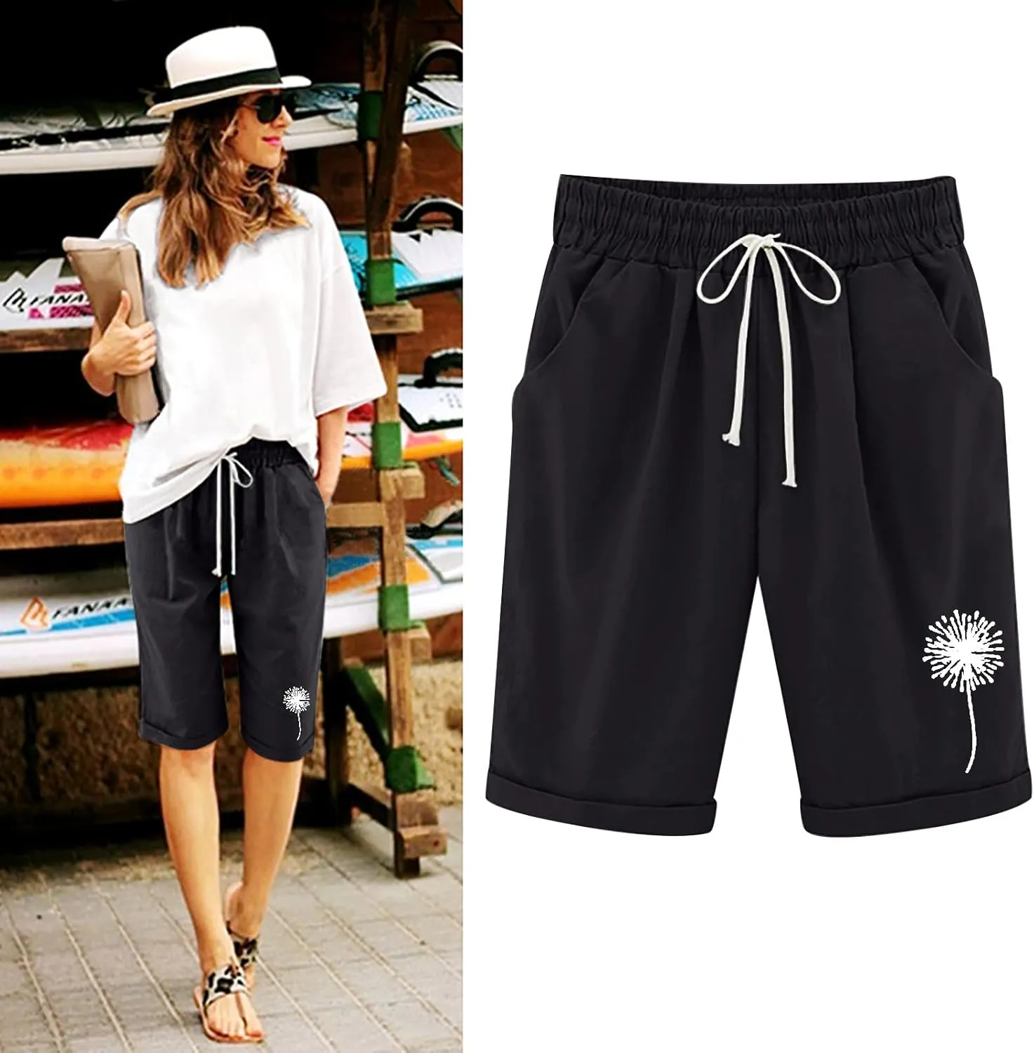 Bermuda Shorts for Women Cotton Linen Drawstring Summer Elastic High Waisted Shorts Loose Comfy Beach Trendy Shorts