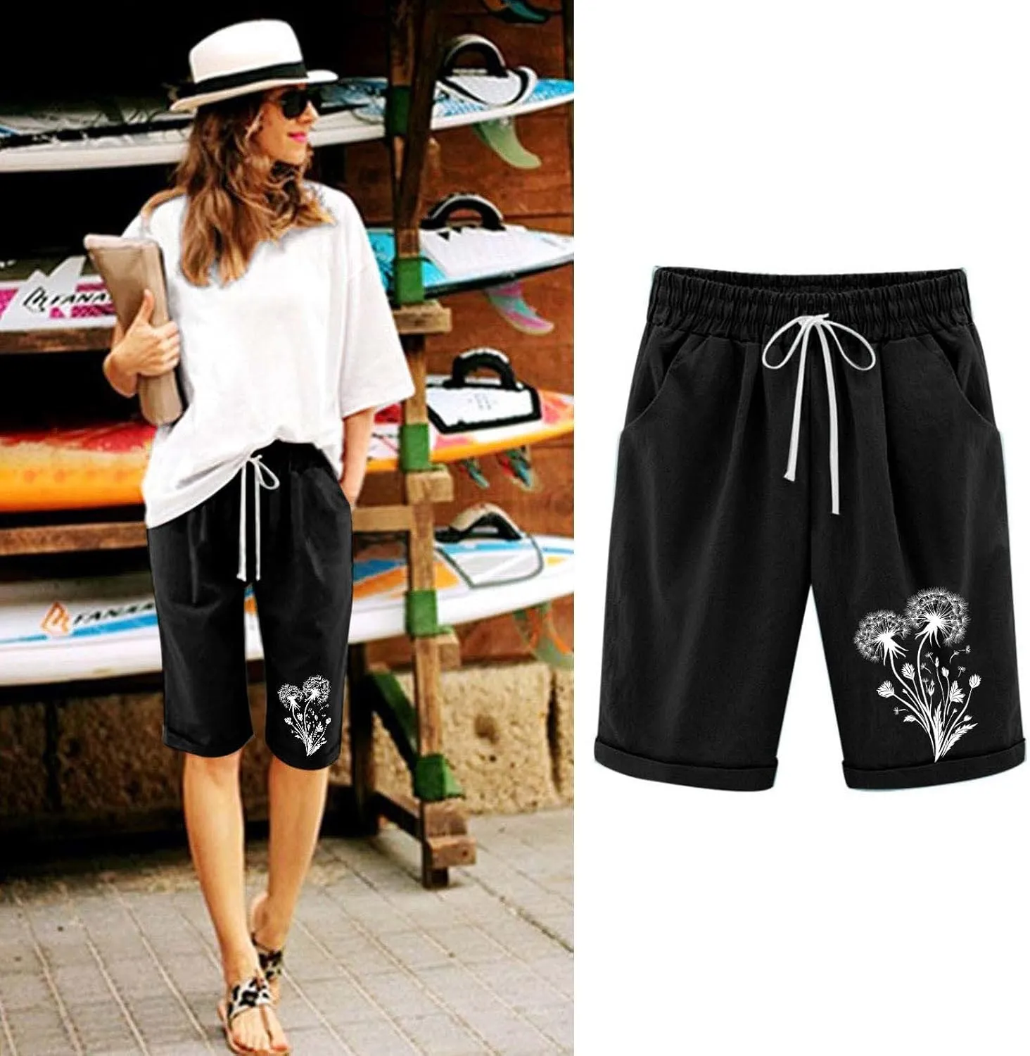 Bermuda Shorts for Women Knee Length Drawstring Linen Shorts Women Casual Printed Short Pants with Pockets