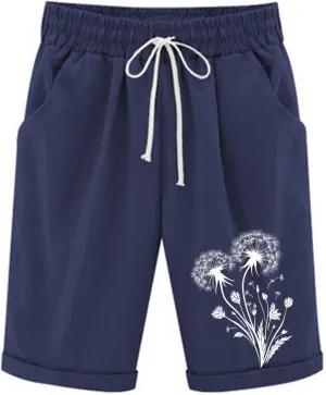 Bermuda Shorts for Women Knee Length Drawstring Linen Shorts Women Casual Printed Short Pants with Pockets