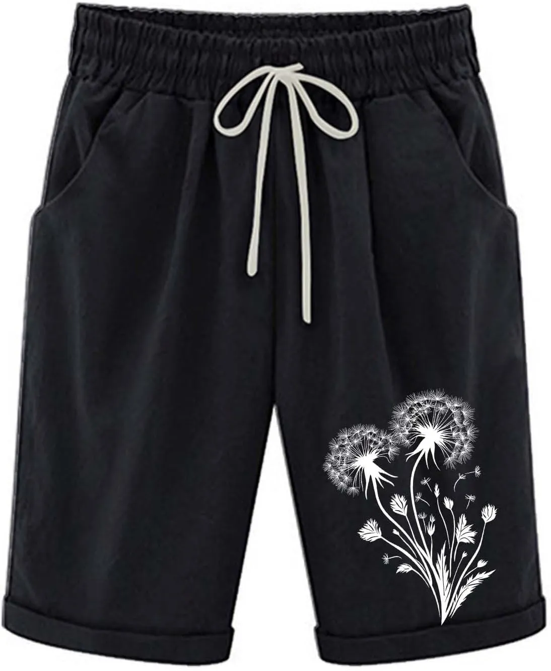 Bermuda Shorts for Women Knee Length Drawstring Linen Shorts Women Casual Printed Short Pants with Pockets