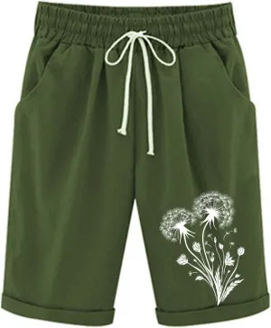 Bermuda Shorts for Women Knee Length Drawstring Linen Shorts Women Casual Printed Short Pants with Pockets