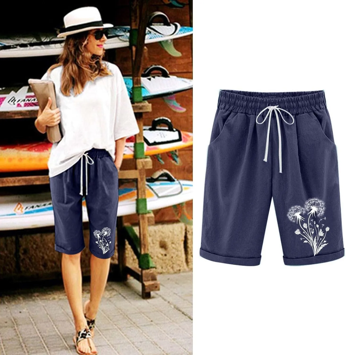 Bermuda Shorts for Women Knee Length Drawstring Linen Shorts Women Casual Printed Short Pants with Pockets