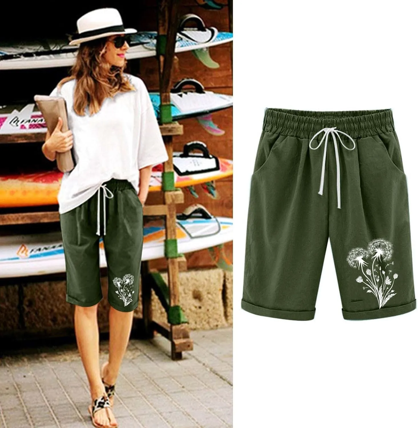Bermuda Shorts for Women Knee Length Drawstring Linen Shorts Women Casual Printed Short Pants with Pockets