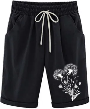 Bermuda Shorts for Women Knee Length Drawstring Linen Shorts Women Casual Printed Short Pants with Pockets