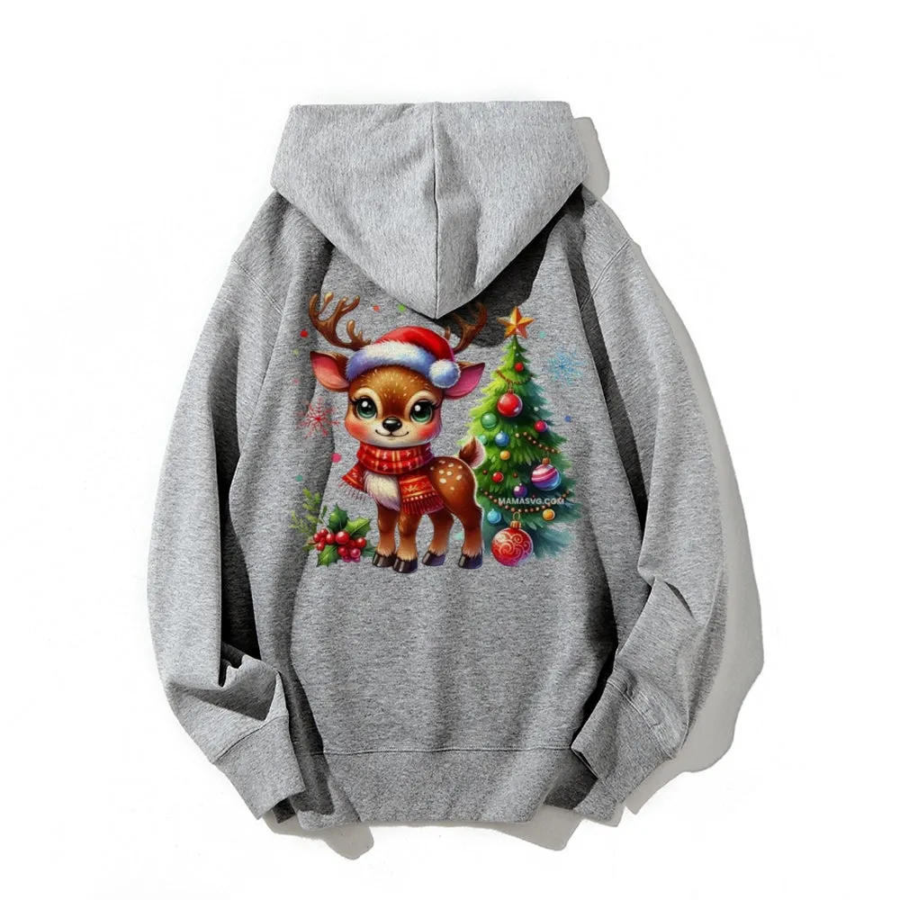 Christmas Reindeer Graphic Pullover With Kangaroo Pocket Hoodies