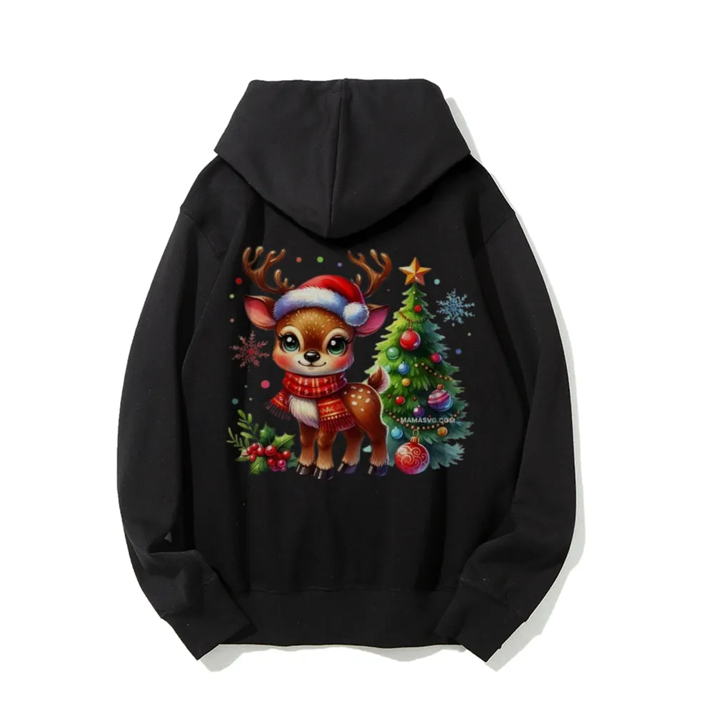 Christmas Reindeer Graphic Pullover With Kangaroo Pocket Hoodies