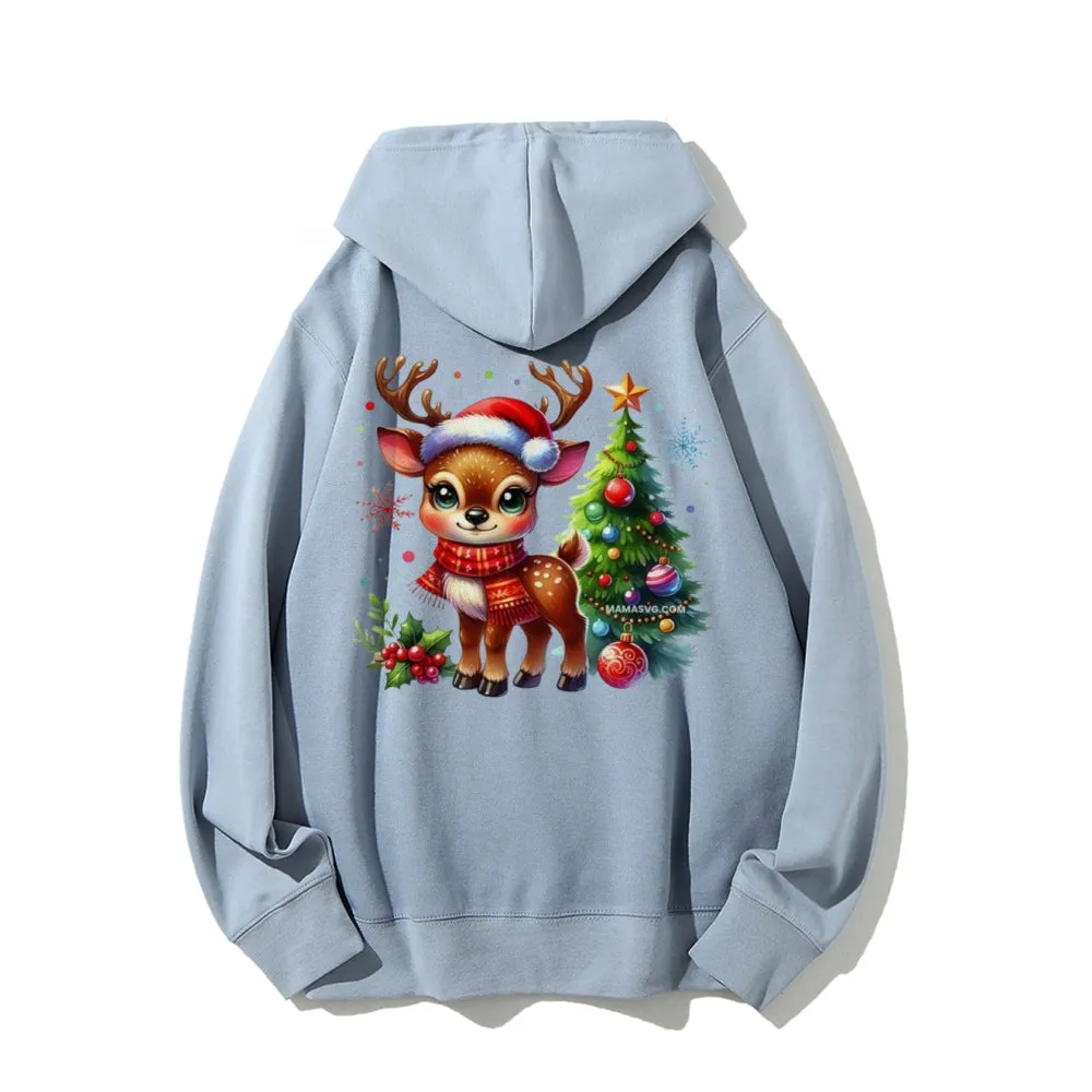Christmas Reindeer Graphic Pullover With Kangaroo Pocket Hoodies
