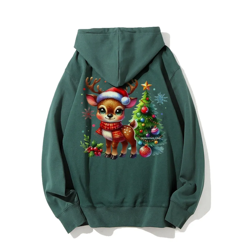 Christmas Reindeer Graphic Pullover With Kangaroo Pocket Hoodies