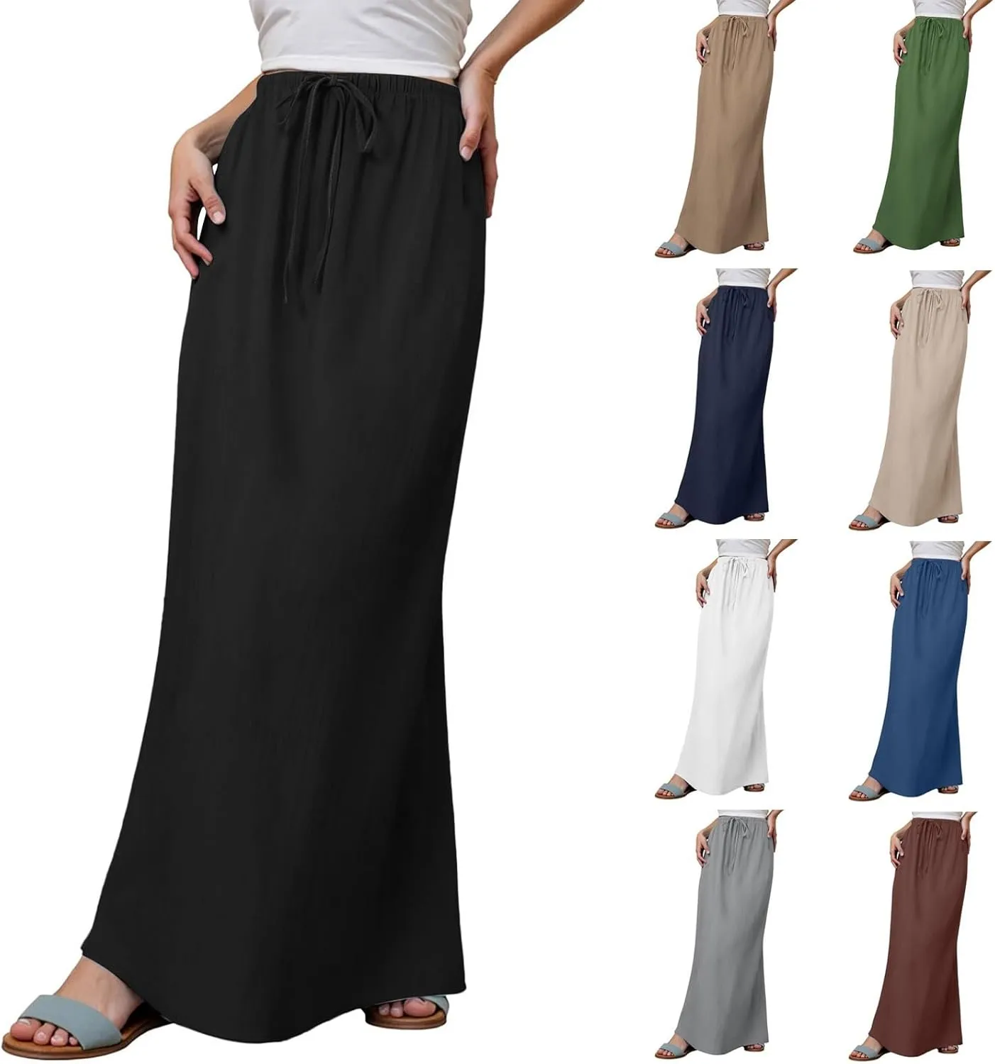 Cotton Linen Maxi Skirts for Women 2025 Summer Drawstring Low Rise A-Line Skirts Casual Loose Flowy Long Beach Skirt