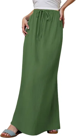 Cotton Linen Maxi Skirts for Women 2025 Summer Drawstring Low Rise A-Line Skirts Casual Loose Flowy Long Beach Skirt