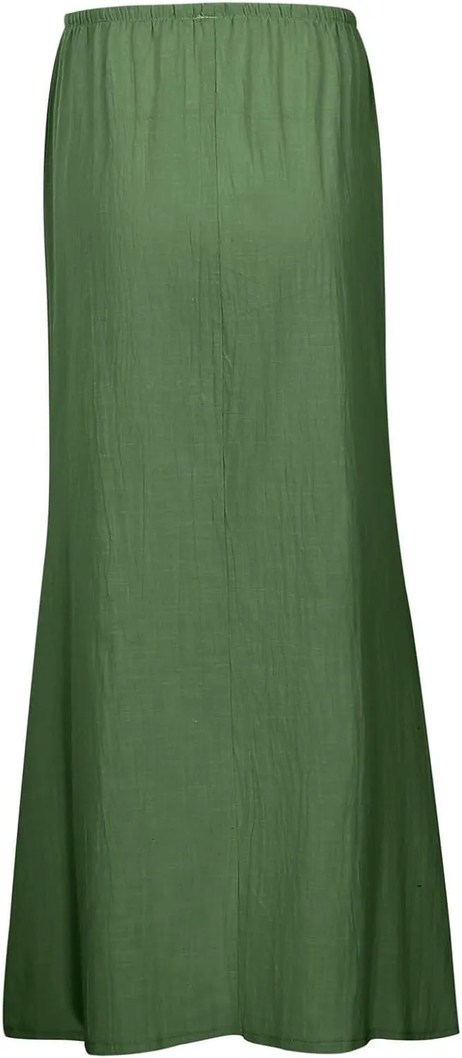 Cotton Linen Maxi Skirts for Women 2025 Summer Drawstring Low Rise A-Line Skirts Casual Loose Flowy Long Beach Skirt