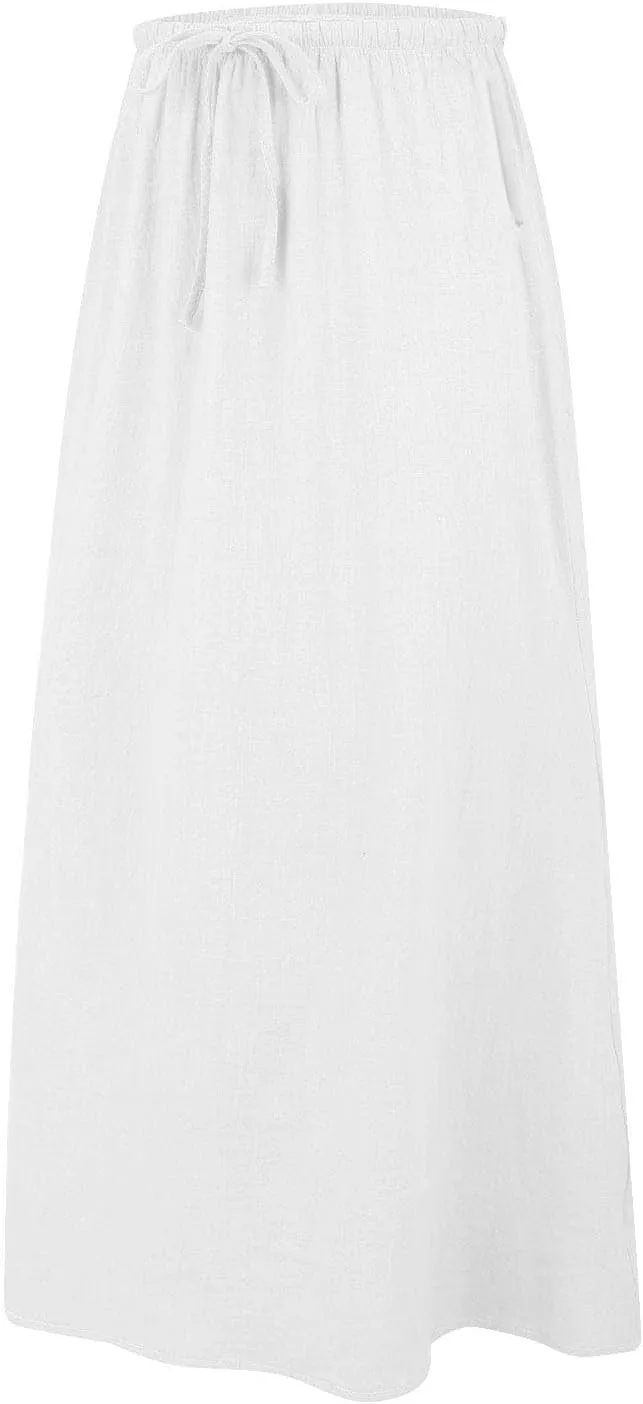 Cotton Linen Skirts for Women Maxi Length Summer Skirts Drawstring A-Line Casual Loose Flowy Ankle Long Beach Skirt