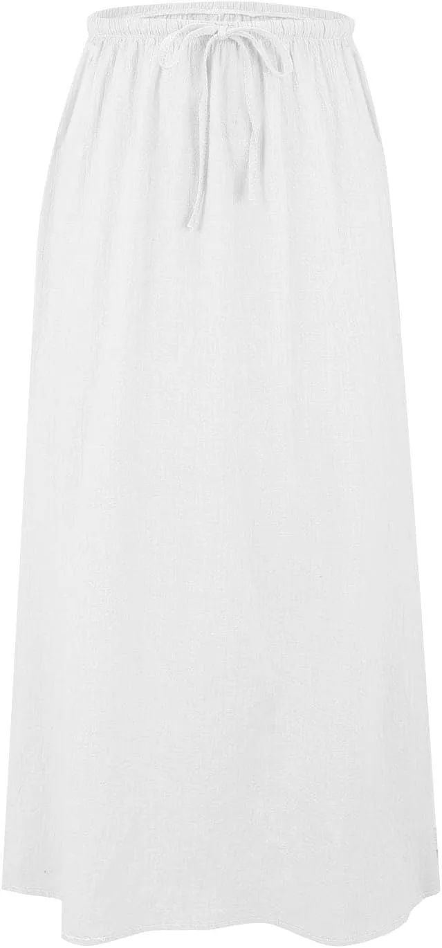 Cotton Linen Skirts for Women Maxi Length Summer Skirts Drawstring A-Line Casual Loose Flowy Ankle Long Beach Skirt