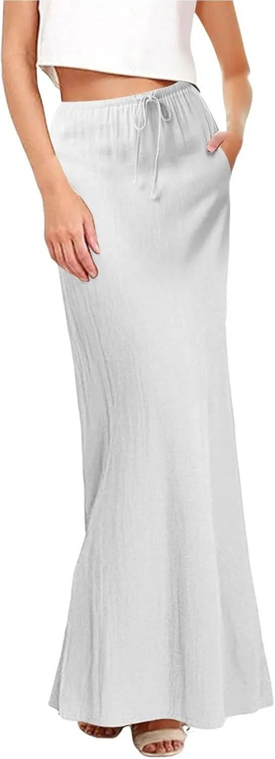 Cotton Linen Skirts for Women Maxi Length Summer Skirts Drawstring A-Line Casual Loose Flowy Ankle Long Beach Skirt