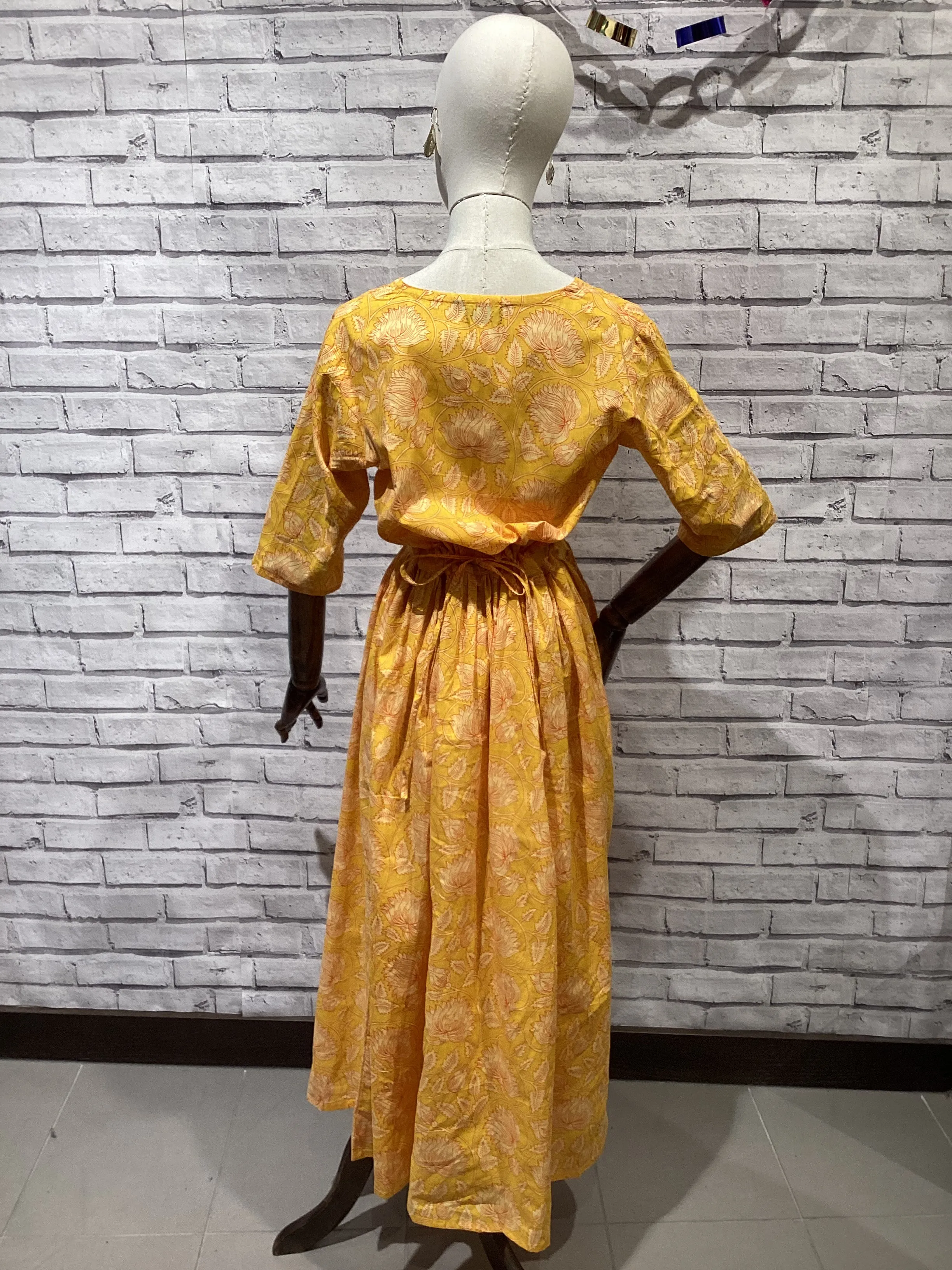 Drawstring Dress in Yellow Floral Scrolling Pattern