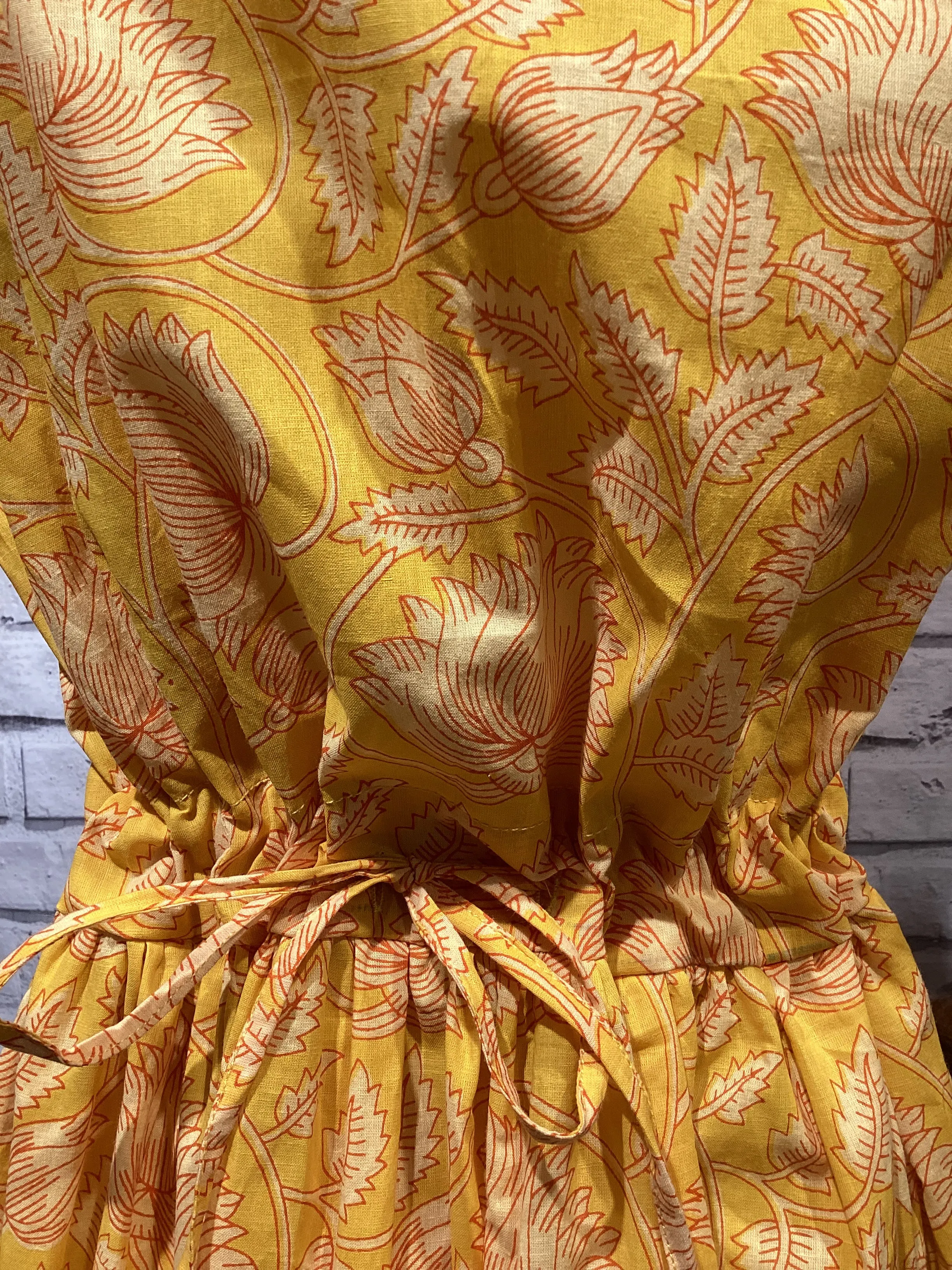 Drawstring Dress in Yellow Floral Scrolling Pattern
