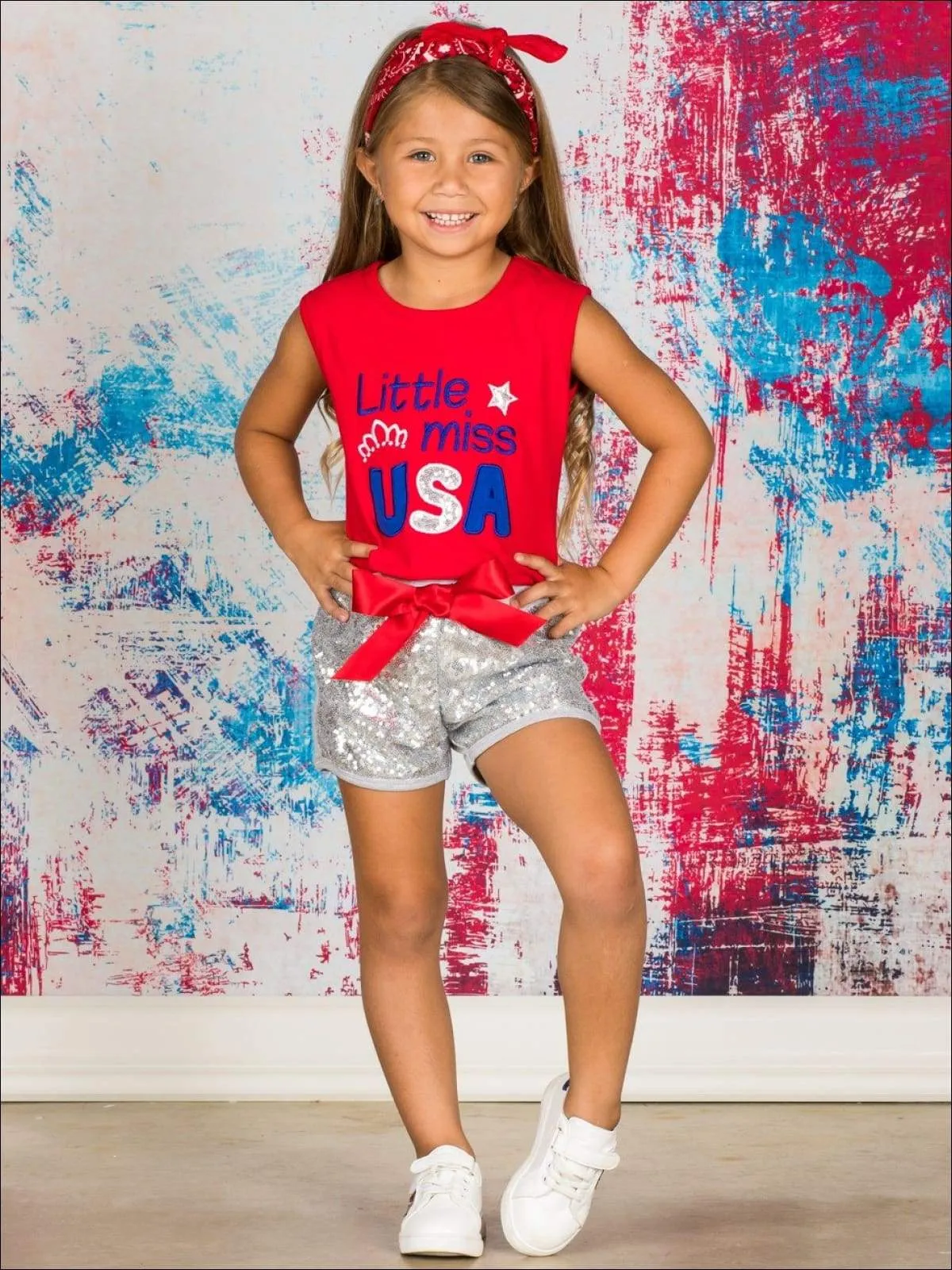 Girls 4th of July Themed Printed Top & Sequin Bow Shorts Set