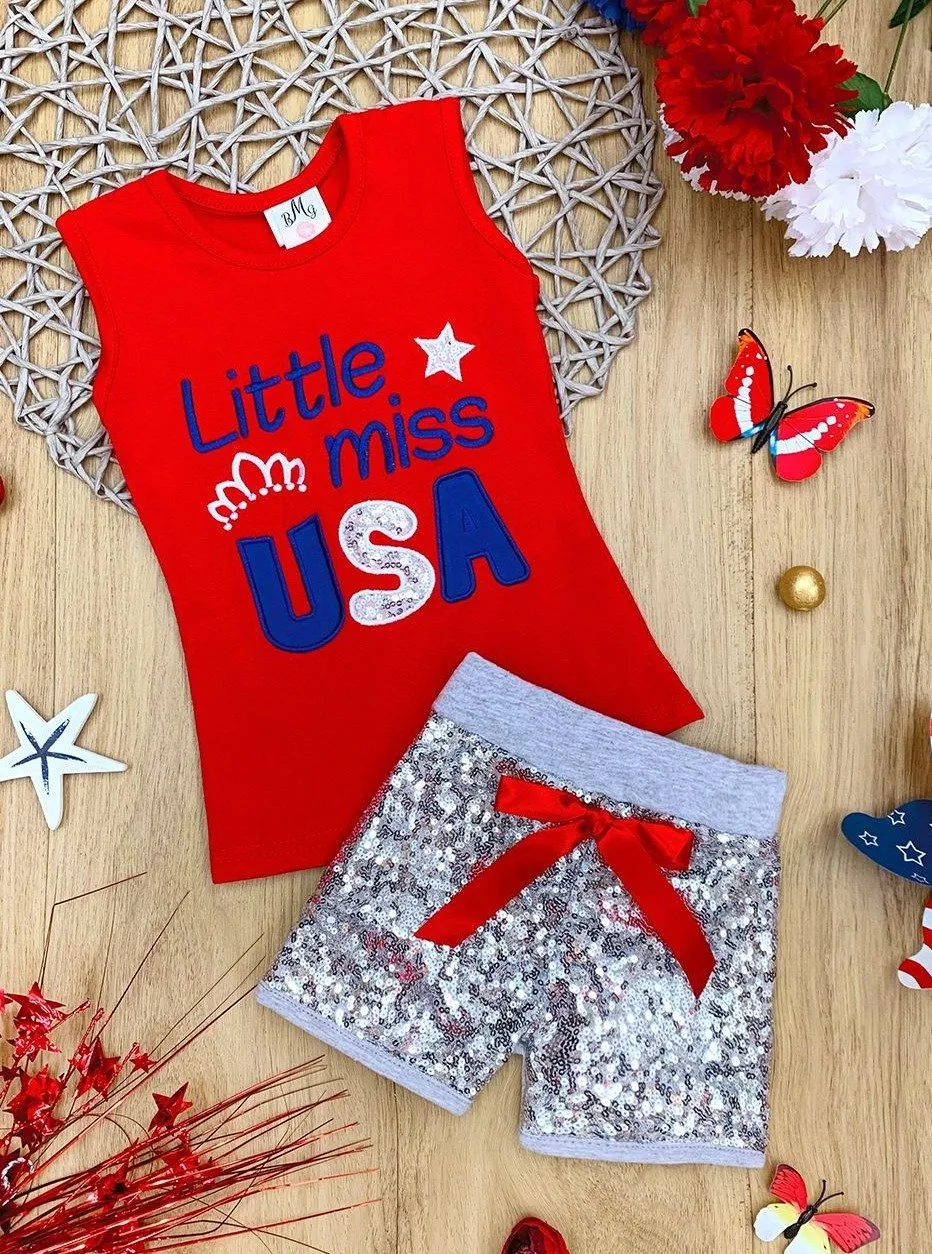 Girls 4th of July Themed Printed Top & Sequin Bow Shorts Set