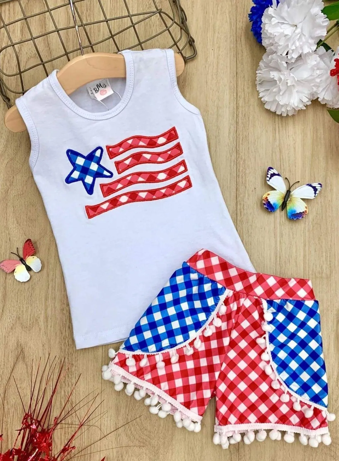 Girls Fourth of July Themed Printed Top And Overlay Pom Pom Short Set