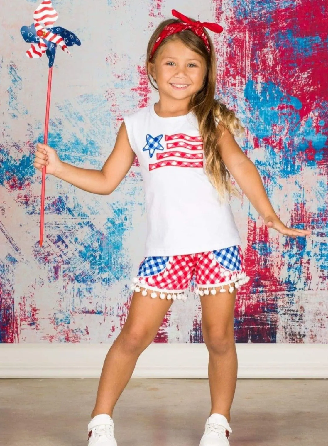 Girls Fourth of July Themed Printed Top And Overlay Pom Pom Short Set