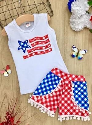 Girls Fourth of July Themed Printed Top And Overlay Pom Pom Short Set