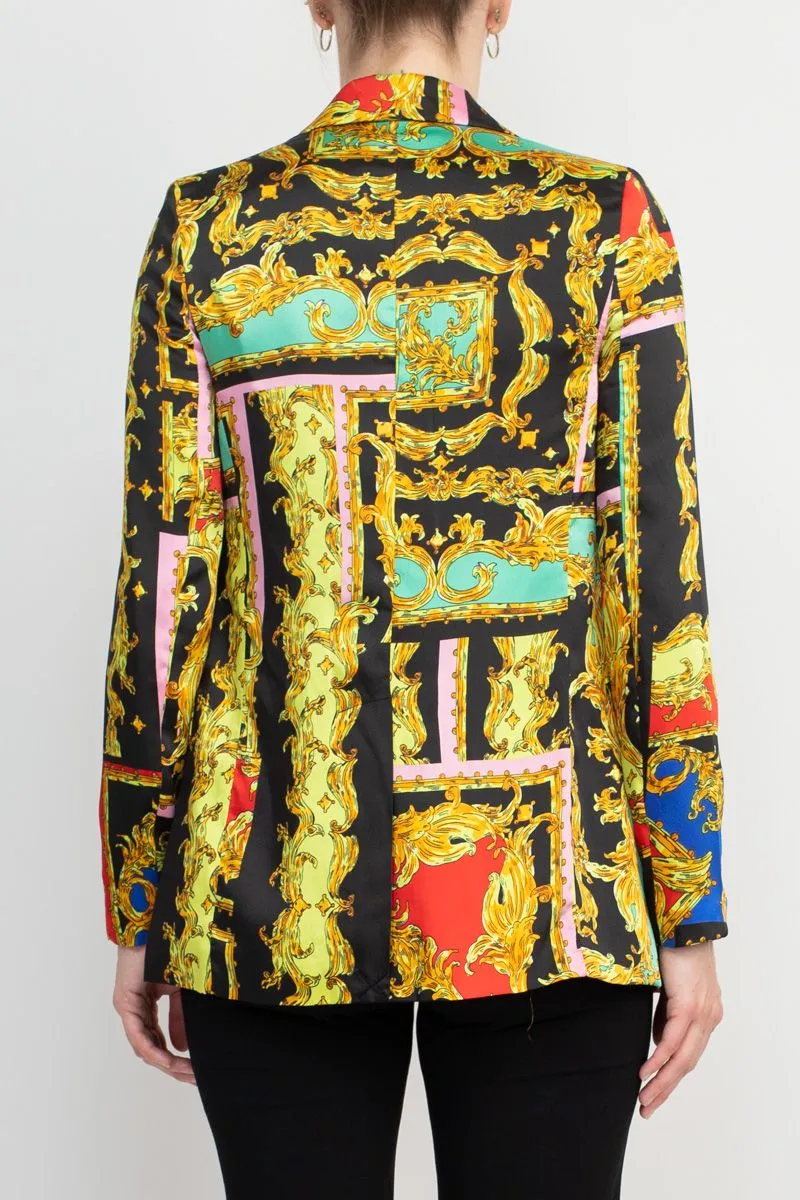 Industry Notched Collar One Button Closure Long Sleeve Multi Print Blazer