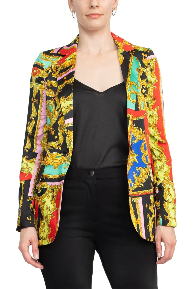 Industry Notched Collar One Button Closure Long Sleeve Multi Print Blazer