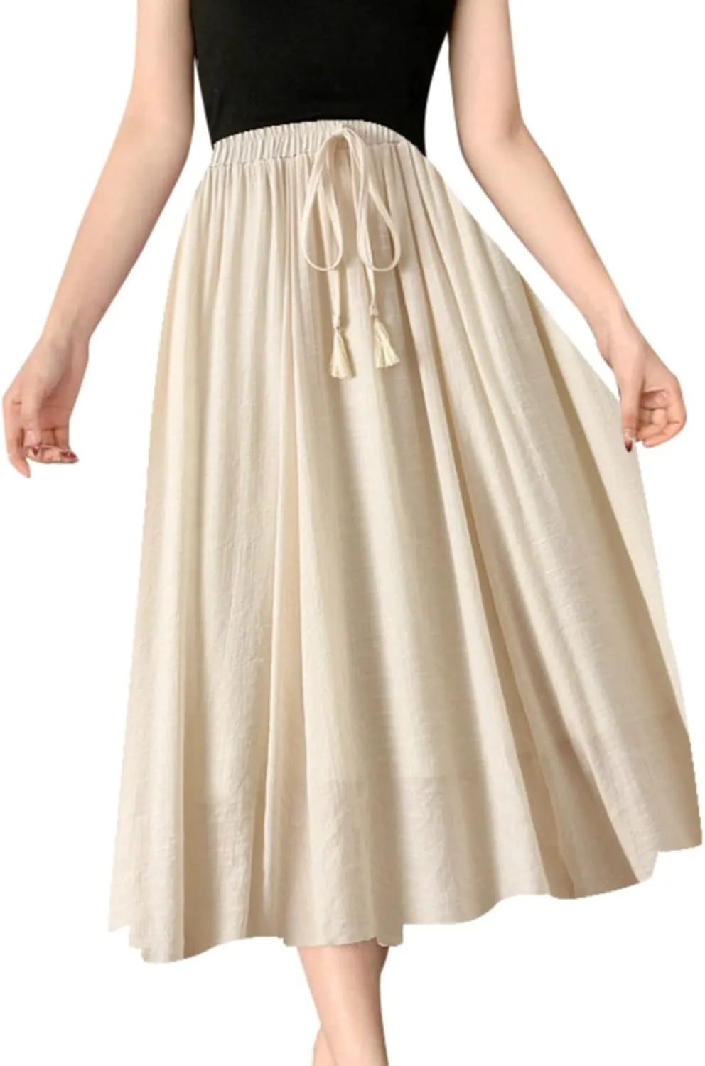 Linen Maxi Skirts for Women Flowy Cotton Pleated A-Line Long Skirt Boho Elastic Waist Drawstring 2025 Summer Dress