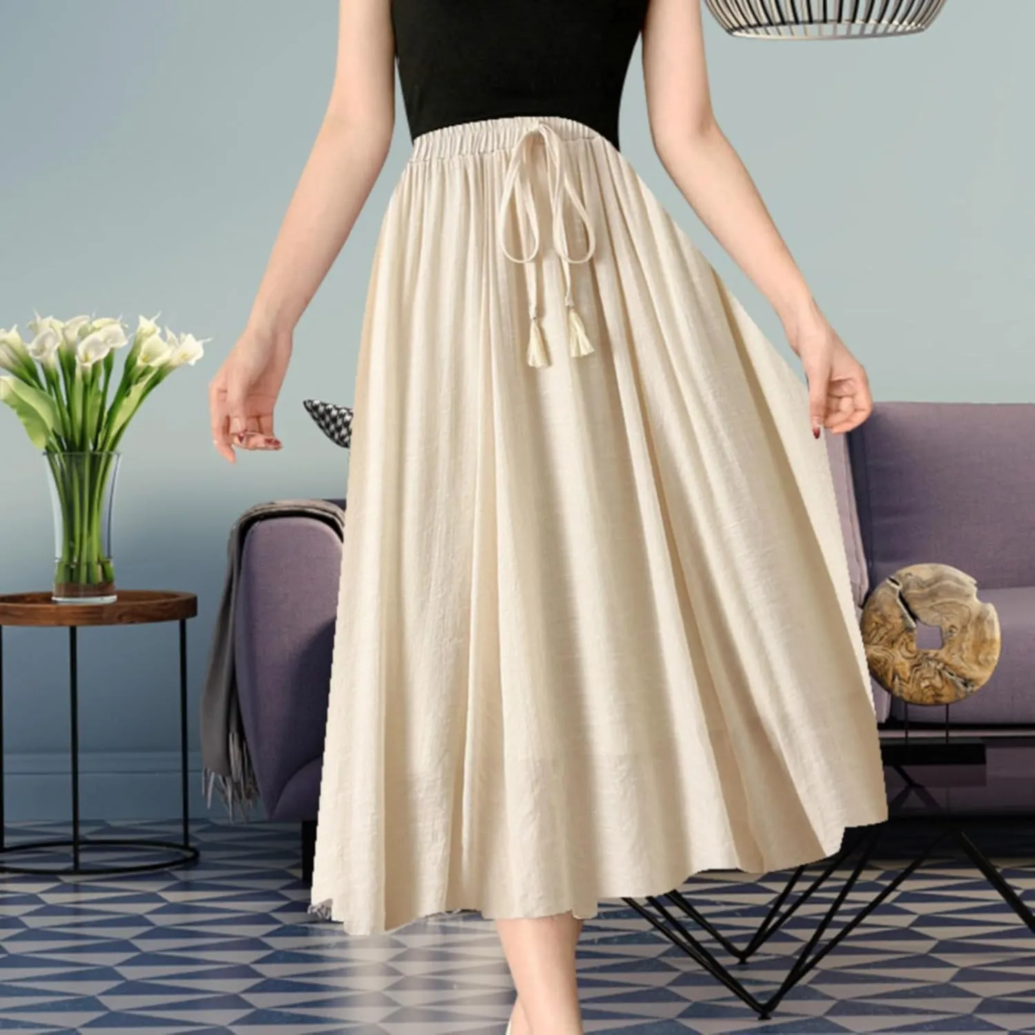 Linen Maxi Skirts for Women Flowy Cotton Pleated A-Line Long Skirt Boho Elastic Waist Drawstring 2025 Summer Dress