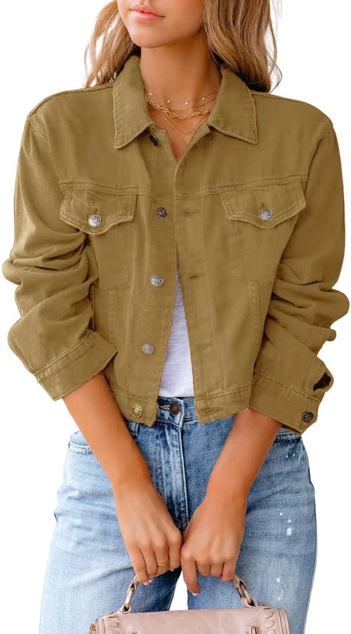 LOAIHA Cropped Denim Jacket for Women Lapel Long Sleeve Button Down Jean Jacket Lightweight Trucker Coat Fall Outwear Shacket