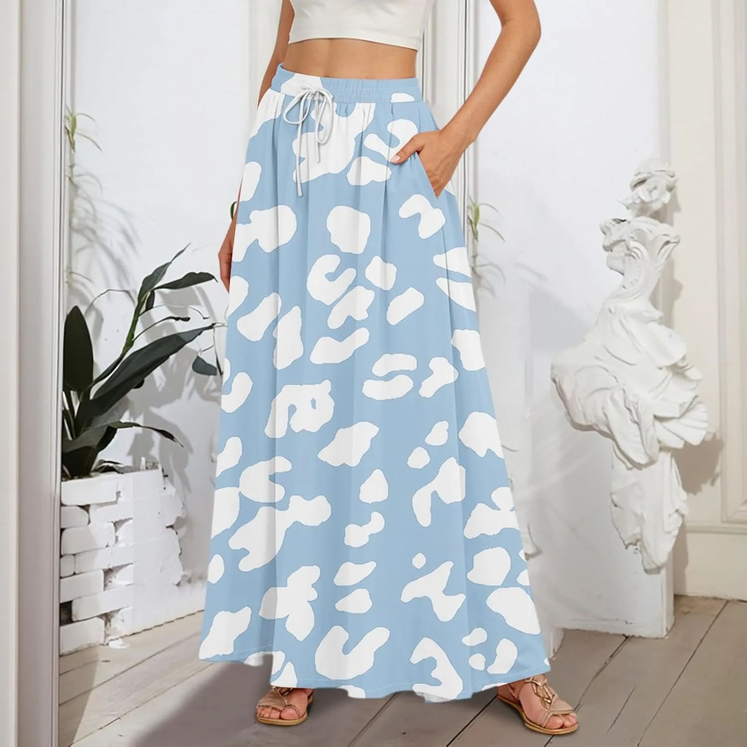 Maxi Skirts for Women 2025 Boho Summer Floral High Waist Casual A-Line Flowy Swing Flared Skirt with Pockets