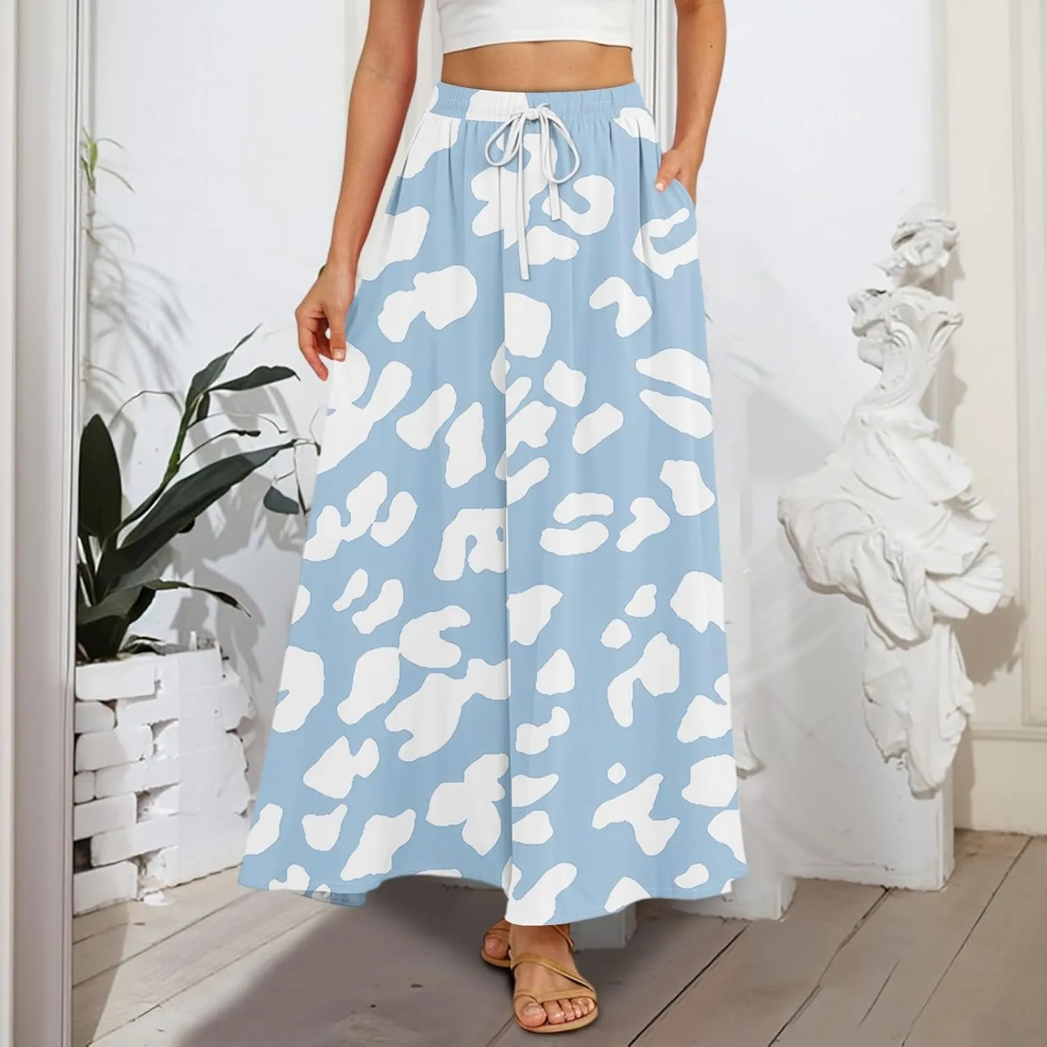 Maxi Skirts for Women 2025 Boho Summer Floral High Waist Casual A-Line Flowy Swing Flared Skirt with Pockets