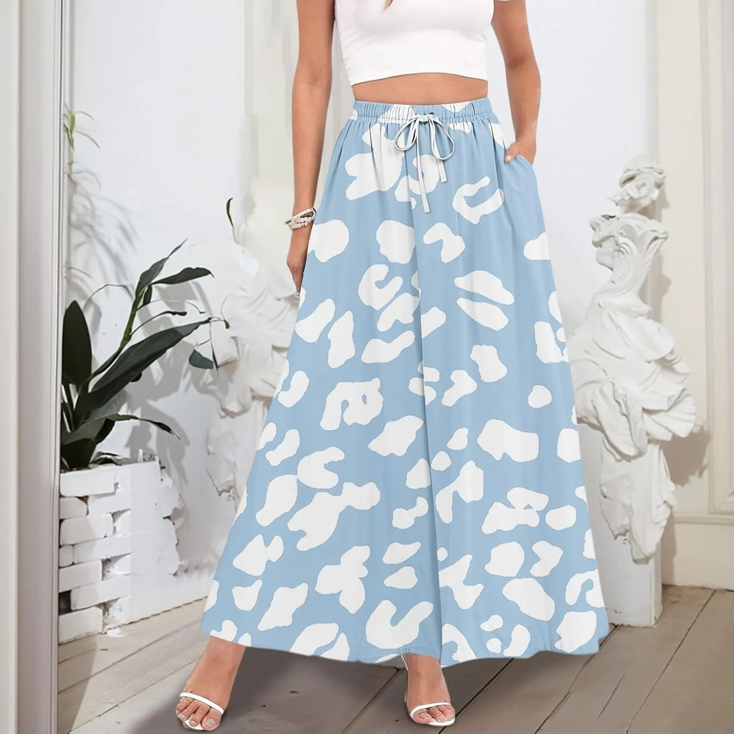 Maxi Skirts for Women 2025 Boho Summer Floral High Waist Casual A-Line Flowy Swing Flared Skirt with Pockets