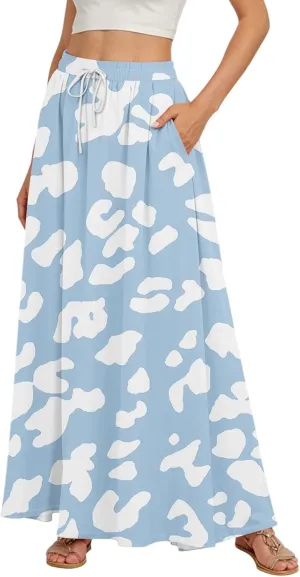 Maxi Skirts for Women 2025 Boho Summer Floral High Waist Casual A-Line Flowy Swing Flared Skirt with Pockets