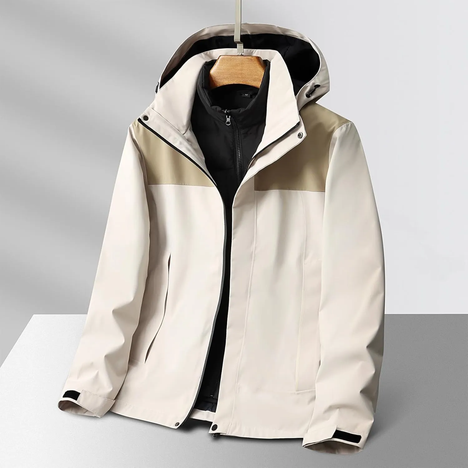 Mens Outdoor Hiking Rain Jackets Classic Soild Color Wearproof Windbreaker Autumn Winter Waterproof Ski Hooded Coats