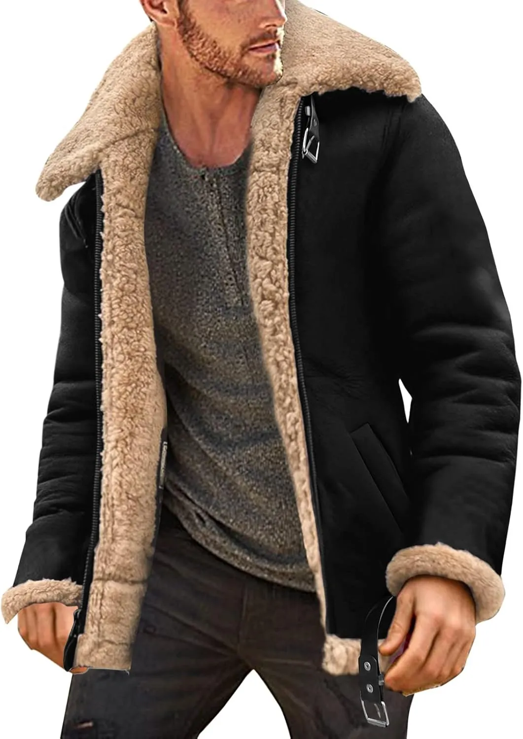 Mens Sherpa Fleece Lined Winter Coat Warm Suede Leather Outdoor Casual Faux Shearling Sheepskin Fur Collar Jackets,E1-Black,X-Small