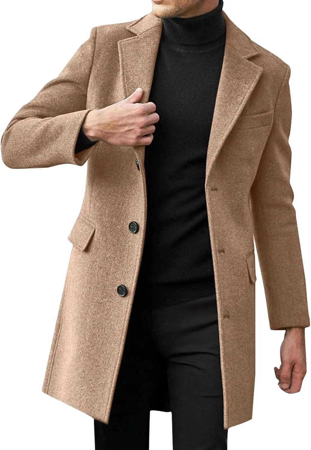 Mens Trench Coat Slim Fit Notch Lapel Single Breasted Business Casual Long Peacoat Fall Winter Windproof Overcoat