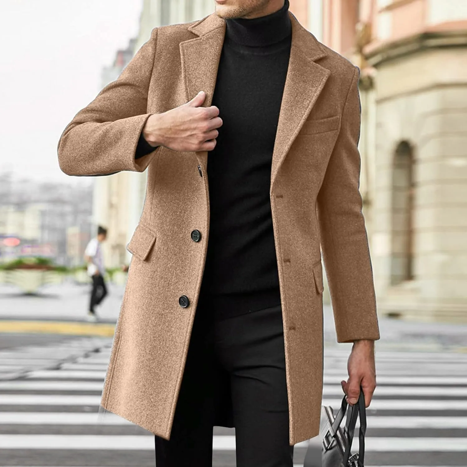 Mens Trench Coat Slim Fit Notch Lapel Single Breasted Business Casual Long Peacoat Fall Winter Windproof Overcoat