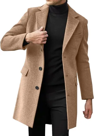Mens Trench Coat Slim Fit Notch Lapel Single Breasted Business Casual Long Peacoat Fall Winter Windproof Overcoat