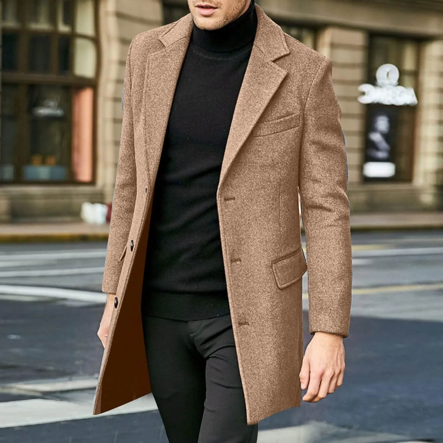 Mens Trench Coat Slim Fit Notch Lapel Single Breasted Business Casual Long Peacoat Fall Winter Windproof Overcoat