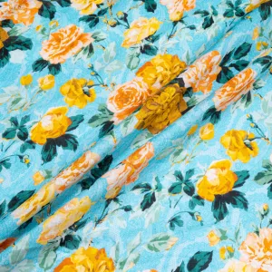Orange Floral Printed Turquoise Pure Linen