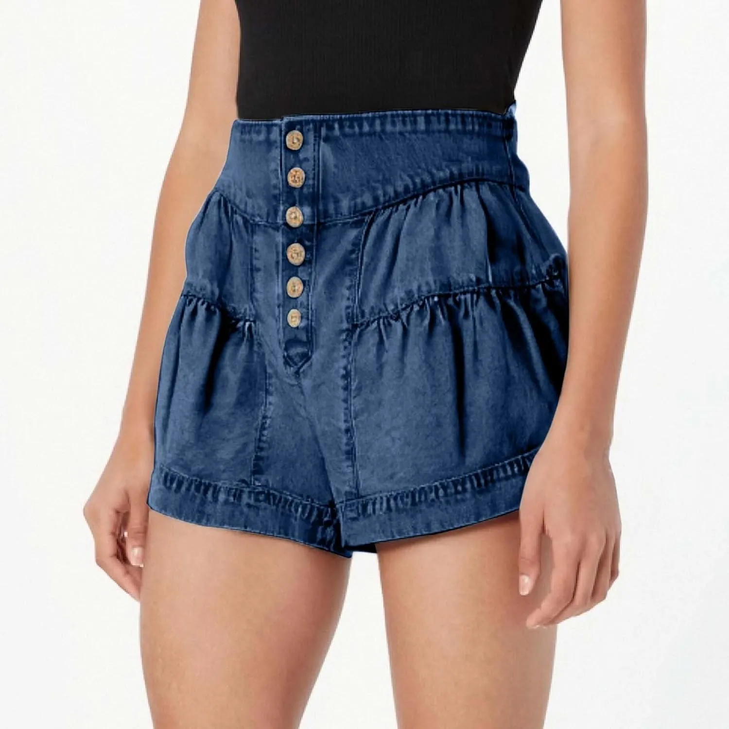 Pleated Ruffle Denim Shorts for Women Buttons Casual Summer High Waisted Wide Leg Jean Shorts Streetwear Hot Shorts