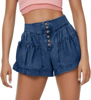 Pleated Ruffle Denim Shorts for Women Buttons Casual Summer High Waisted Wide Leg Jean Shorts Streetwear Hot Shorts
