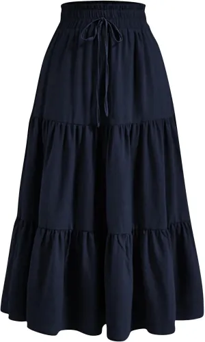 Summer Skirts for Women 2025 Vacation Boho Floral Tiered Maxi Skirt Drawstring High Waisted Flowy Ruffle A Line Skirt