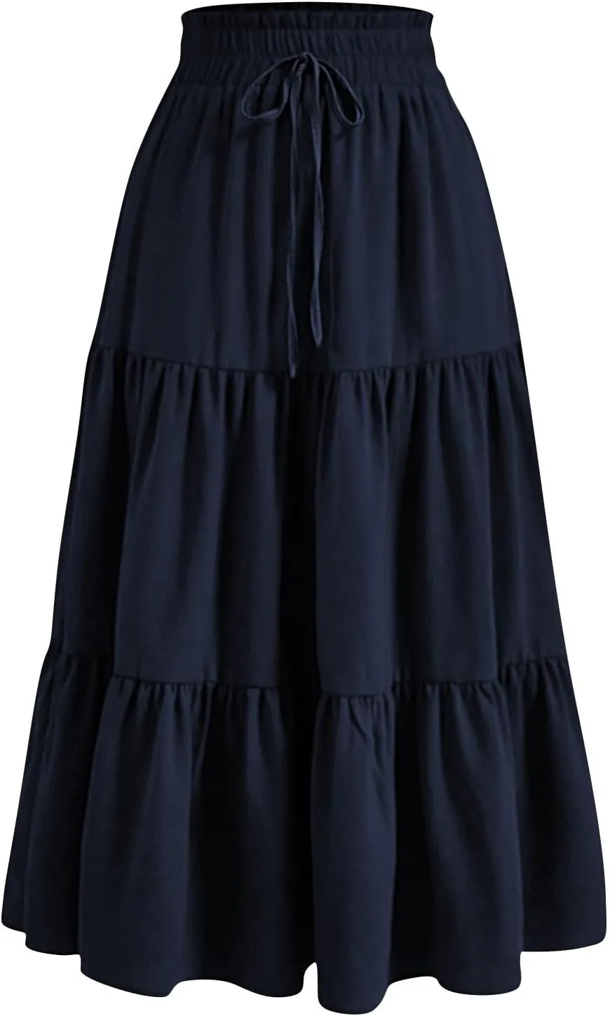 Summer Skirts for Women 2025 Vacation Boho Floral Tiered Maxi Skirt Drawstring High Waisted Flowy Ruffle A Line Skirt