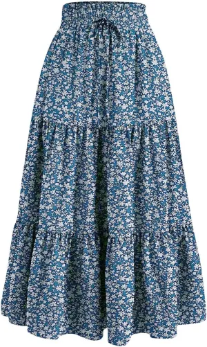 Summer Skirts for Women 2025 Vacation Boho Floral Tiered Maxi Skirt Drawstring High Waisted Flowy Ruffle A Line Skirt