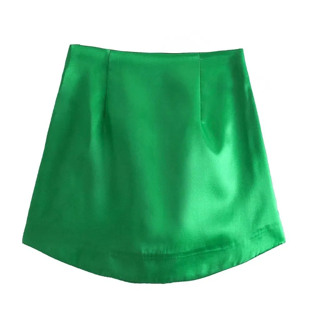 Uniwim Slim Chic Elegant Women Mini Skirts Green Satin High Street Solid Side Zipper Sexy Bodycon Skirt Faldas Mujer