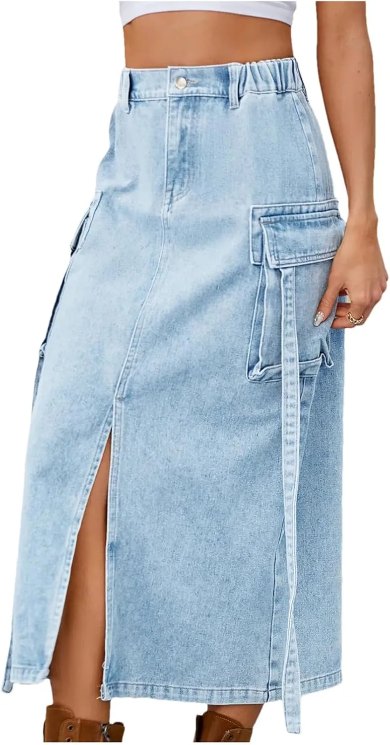 Women Elastic Waist Slits Denim Skirts Sexy Slim Washing Cargo Long Wrap Buttocks Jeans Skirts